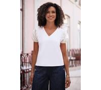 Yumi Women's White Cotton Jersey T-Shirt With Lace Sleeves | Size: 14 Yumi White 14