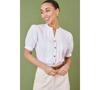 Yumi White Cotton Pleated Short Sleeve Shirt White 14