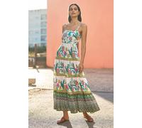 Yumi White Floral Block Print Tiered Maxi Sun Dress (UK, Numeric, 8, Regular, Regular, Ivory)