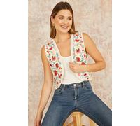 Yumi Women's White Folk Embroidered Cotton Waist Coat | Size: Medium