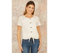 Yumi Women's White Jersey Button Detail T-Shirt With Broderie Anglaise Sleeves & Tie Front | Size: 8 Yumi White 8