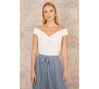 Yumi Women's White Jersey Cotton Bardot Top With Knot Detail | Size: 10 Yumi White 10