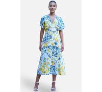 Yumi Women's White Lemon Print Viscose Ruched Waist Midi Dress in Cool White | Size: 14