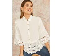 Yumi Women's White Linen Relaxed Shirt With Scallop Trims | Size: 8 Yumi White 8