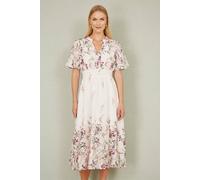 Yumi Women's White Mirrored Floral Button Up Midi Dress With Ruched Waist in Ivory | Size: 10 Yumi Ivory 10