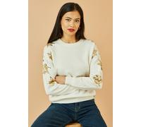 Yumi Women's White Relaxed Fit Jumper With Sequin Star Sleeves | Size: Large Yumi White L