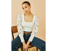 Yumi Women's White Ribbed Knitted Top With Lace Sleeves | Size: Small
