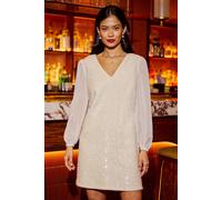 Yumi Women's White Sequin Tunic Dress With Tie Back & Sheer Sleeves | Size: 18
