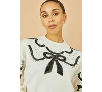 Yumi Women's White Sequinned Bow Neckline Jumper | Size: Medium Yumi White M