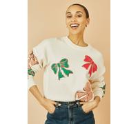 Yumi Women's White Sequinned Bow Relaxed Fit Jumper | Size: Small