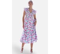 Yumi Women's White Viscose Floral Ruched Waist Midi Dress | Size: 18