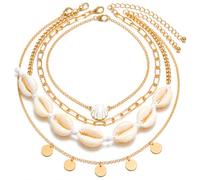 Yumikoo Layered Shell Necklace for Women, Gold Tone Cowrie Shell Choker Necklace Set, Boho Beach Necklace with Disc Charms, Adjustable Summer Jewelry for Vacation Outfits