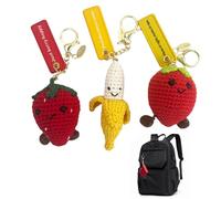 YUMILI 3 PCS Finished Crochet Fruit Keychains Set - Creative Apple/Strawberry/Banana Knitted Key Chains, Cute Accessories for Keys, Bags & Daily Decoration