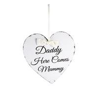YUMILI Wedding Hanging Sign, Wooden Heart Plaque Sign Handmade Wood Plaque with Ribbon, Daddy Here Comes Mummy Wedding Decor