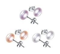 Yumilok 3 Pairs Simulated Freshwater Pearl Stud Earrings Set in White, Pink, Purple Size 8mm