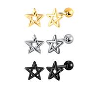 Yumilok 3 Pairs Star Stud Earrings, Stainless Steel, Screw Back, Hoop, Post, 6 Count