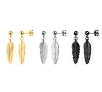 Yumilok 3 Pairs Studs Earrings for Women Men Stainless Steel Piercing Feather Dangle Earring