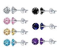 Yumilok 925 Sterling Silver Birthstone Stud Earrings for Men Women Round Cubic Zircon Earrings Set 6MM