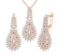 Yumilok 925 Sterling Silver drop leaf Bridal Jewelry Set Necklace Pendant Dangle Earrings for Bride Bridesmaid Cubic Zirconia rose gold