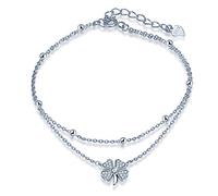 Yumilok 925 Sterling Silver Simple Design Cubic Zirconia Four Leaf Clover Double Link Anklets for Women