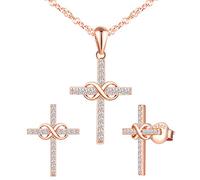 Yumilok Christian Jewelry Set 925 Sterling Silver Infinity Cross Stud Earrings Necklace Set