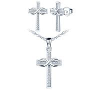 Yumilok Cross Necklace Stud Earrings Set 925 Sterling Silver Religious Cross Crucifix Jewellery Sets Gifts for Women