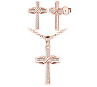 Yumilok Cross Necklace Stud Earrings Set 925 Sterling Silver Religious Cross Crucifix Jewellery Sets Gifts for Women, Rose Gold (40-181-R)