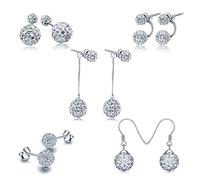 Yumilok Jewelry 5 Pairs 925 Sterling Silver Rhodium Plated Crystal Disco Ball Ear Stud Drops Dangles Earring Jackets Set for Women/Ladies/Girls