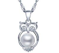 Yumilok Jewelry 925 Sterling Silver Cubic Zirconia Pearl Lovely Owl Pendant Necklace for Women/Girls