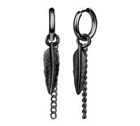 Yumilok Men Punk Style Stainless Steel Feather Earrings Creative Hoops with Feather Chain Drop for Women Black Earring Hip Hop Accessories Novelty Jewellery for Youth