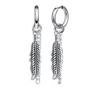 Yumilok Mens Earrings Hoops Huggie Feather chain Stainless Steel Feather chain hoop earrings silver