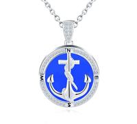 Yumilok Pendant Necklace for women 925 Sterling Silver Anchor compass Zirconia Open Photo Locket Holds Pictures Blue