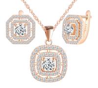 Yumilok Round Square Cubic Zirconia 925 Sterling Silver women Jewelry Set Pendant Necklace Earrings rose gold