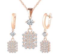 Yumilok Square Drop Earrings 925 Sterling Silver Cubic Zirconia Dangle Earrings Women Necklace Jewelry Set rose gold