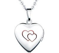 Yumilok Stainless Steel Double Hearts Engraved Blue Open Heart Photo Locket Memory Pendant Necklace for Women/Girls/Couples