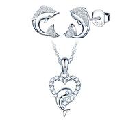 Yumilok Stud Earrings Necklace Set 925 Sterling Silver Dolphin Jewellery Set for Women