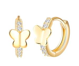 Yumilok Womens Girls 925 Sterling Silver Creative Butterfly Zircon Hoops Earrings Diameter 1cm Elegant Gold Sparkling Creole Earring