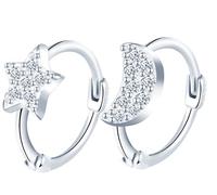 Yumilok Womens Girls 925 Sterling Silver Creative Star Moon Asymmetric Hoops Earrings Diameter 1cm Elegant Star and Moon with Zircons Silver Creole Earring, 20-E136