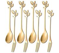 Yumin 16PCS Dessert Spoon and Fork Set Cake Fork Coffee Spoon Fork Stainless Steel -Gold