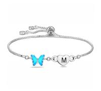 Yumioxa Butterfly Bracelets A-Z Initial Letters Women Gift Silver Jewellery For her Ladies Blue Butterfly Jewellery Birthday Anniversary Bracelets Gift (M)