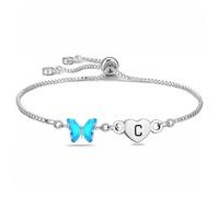 Yumioxa Butterfly Bracelets A-Z Initial Letters Women Gift Silver Jewellery For her Ladies Blue Butterfly Jewellery Birthday Anniversary Bracelets Gift (C)