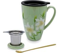 YumKubis Tea Infuser Cup, 17oz Porcelain Large Tea Mugs with Infuser and Lid for Housewarming, Graduation, Retirement, Lily Green