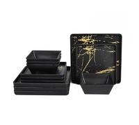 Yummost Melamine Dinnerware Sets - 12pcs Square Plates and Bowls Sets For 4, Indoor Outdoor Use, Dishwasher Safe, Black & Gold