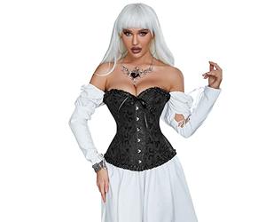 Yummy Bee Corset Top Satin Jacquard Overbust Lingerie Basque, Sweetheart Neckline, Hourglass Shaping Bustier, Ivory White Black Blue Or Red Plus Size Corset Tops for Women 6-24 (Black, 14)