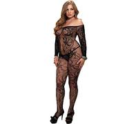 Yummy Bee - Crotchless Bodystocking - Sheer Black Lace Floral Long Sleeve Body Stocking - Plus Size Bodystocking 8-22 (Plus Size 8 10 12 14)