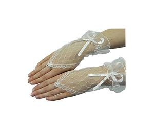 Yummy Bee Lace Gloves For Women, Fingerless Gloves Red White or Black Elegant Gothic Halloween Accessories For Bridal, Burlesque, Cosplay And Evening Style (White)
