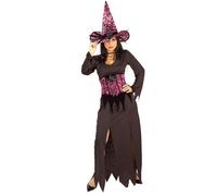 Yummy Bee Witch Costume Women Halloween Fancy Dress Adult Outfit UK 8-12 | Wicked Witch Costume Black Dress with Pink Lace Hat for Musicals Cosplay World Book Day