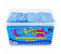 Yummy Gummy Blue Raspberry Sour Belts 1200g - Soft & Chewy Sour Candy Strips, Sweet & Sour Blue Raspberry Flavour, Sugar-Coated Belts in Resealable Tub - Vegetarian & Halal - Perfect for Parties.