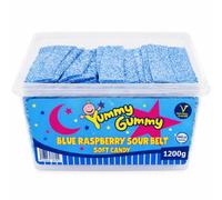 Yummy Gummy Blue Raspberry Sour Belts 1200g - Soft & Chewy Sour Candy Strips, Sweet & Sour Blue Raspberry Flavour, Sugar-Coated Belts in Resealable Tub - Vegetarian & Halal - Perfect for Parties.