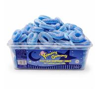 Yummy Gummy Fizzy Blue Raspberry Rings 1kg Tub - Sour Sugar Coated Gummy Candy, Blue Raspberry Flavour Sweets, Halal Friendly Bulk Share Tub for Parties, Pick & Mix, Gifts